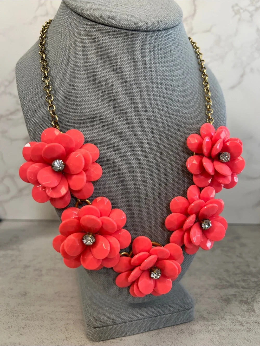 J. Crew Coral Flower Statement Necklace with Gold-Tone Chain
